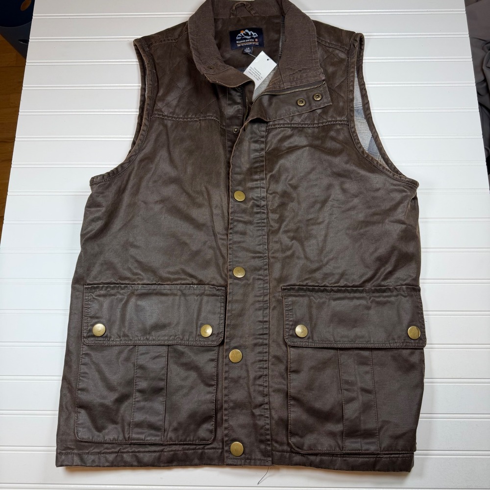 Mountain and Isles Mens Waxed Cotton Vest Brown Flannel Lined Size Large NWT